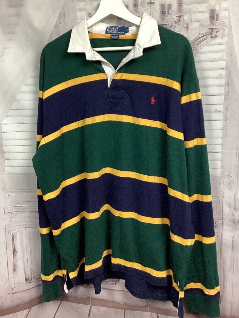 Vintage Polo Ralph Lauren Striped Rugby Shirt Green Blue XL